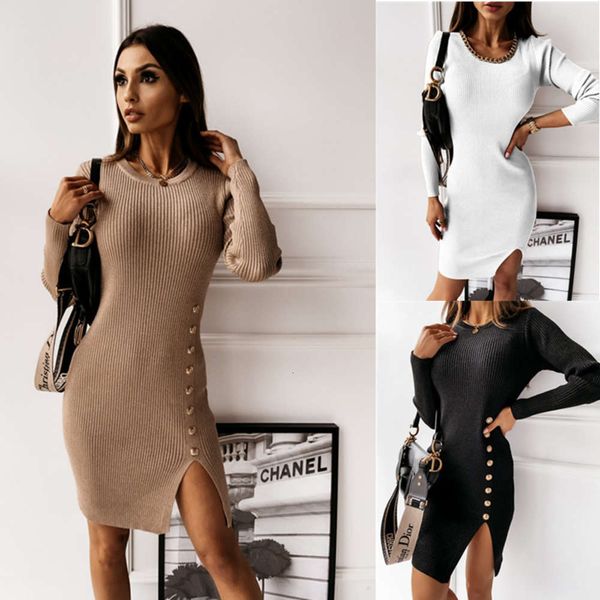 

1605# autumn and winter new button split solid color dress, Black;gray