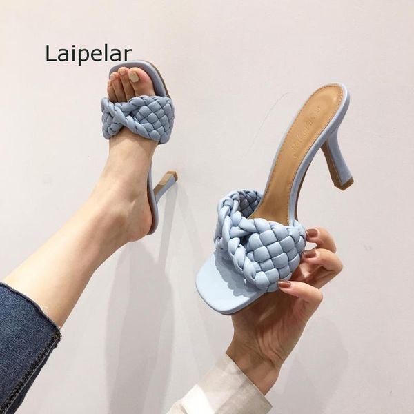 

slippers 2021 women summer slides weave open toe heels party shoes office ladies prom mules, Black