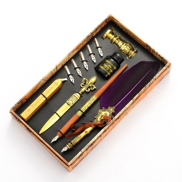 

calligraphy quill feather dip pen fountain writing ink nibs seal wax gift box 831d