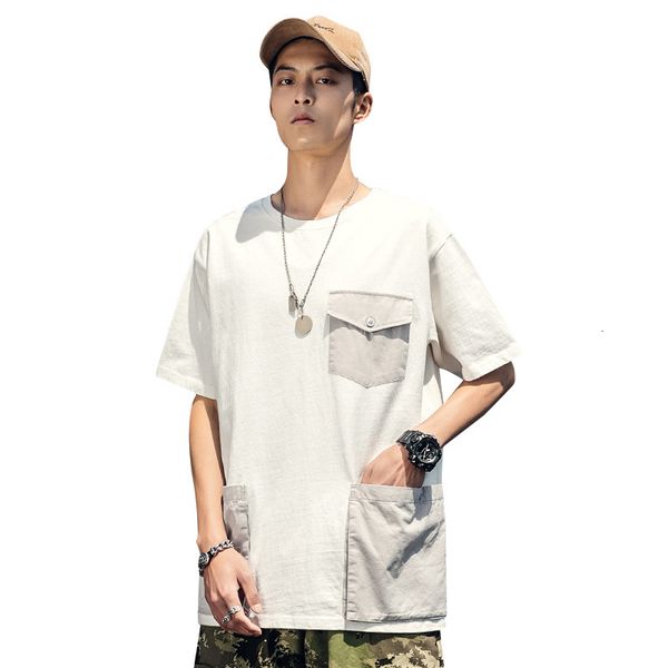 

new 2021 hip hop t shirt multi pocket casual t-shirt men harajuku summer streetwear tees cotton tatical tshirt o84x, White