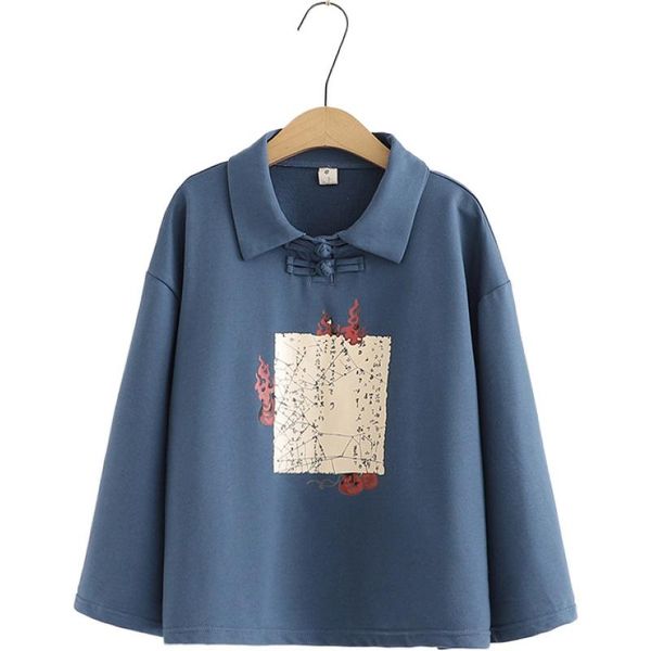

women's hoodies & sweatshirts women cartoon print mori girl 2021 autumn flare sleeve turndown collar cotton pullover korean tracksuits, Black