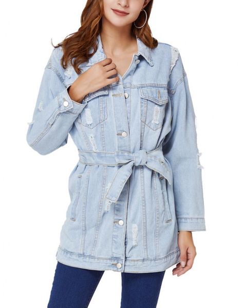 

wash belted longline denim jacket coat women autumn turn-down collar solid buttoned casual jackets outwear ripped denim belt, Black;brown