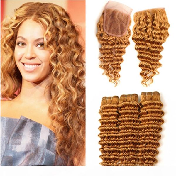 

deep wave pure 27 honey blonde human hair bundles with closure strawberry blonde brazilian human hair wefts 3bundles with 4x4 lace closure, Black