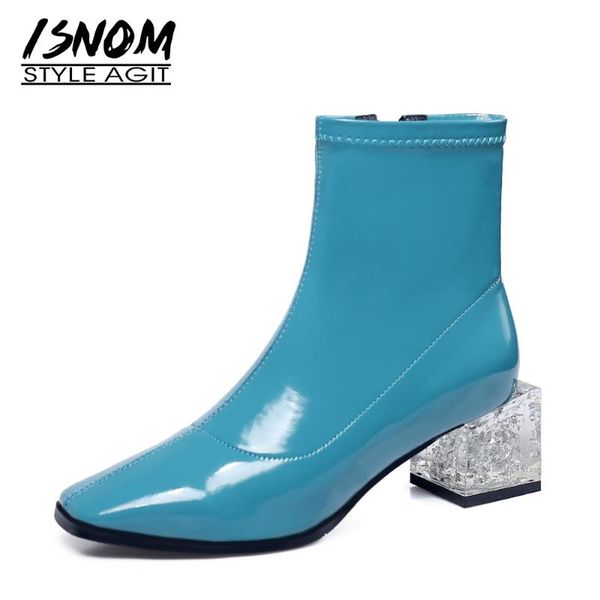 

boots isnom women genuine leather ankle square toe zip thick heels outdoor warm short plush skid proof winter 2021, Black