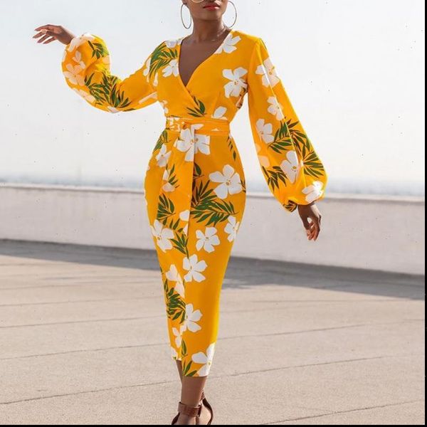 

yellow printed dress v neck white flower long lantern sleeve bodycon high waist women vestidos african ladies plus size xl robes, Black;gray