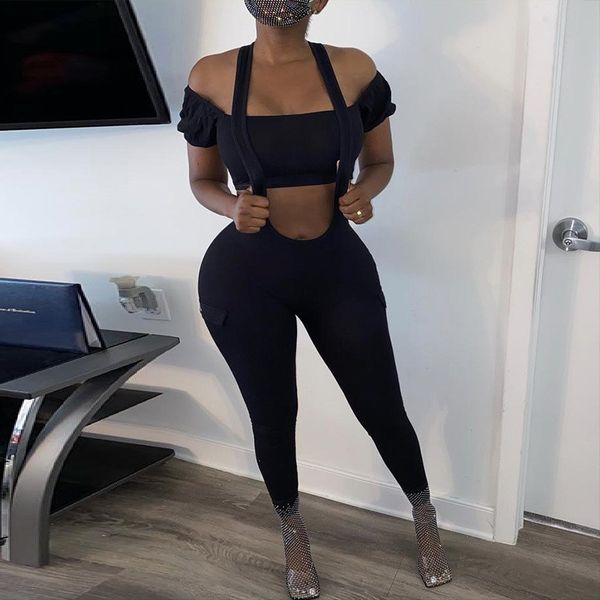 

streetwear doorn boom 2-piece women's suit clothing outfits jumpsuit off shoulder salsh neck tube crop training packagescake, Gray