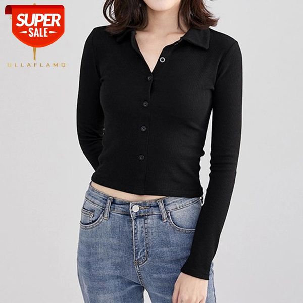 

Long Sleeve Turn-Down Collar Short T-Shirt All-Match Slim Black Cotton Female t Shirt Autumn Casual Soft Women Tops Clothing #6a6T, White