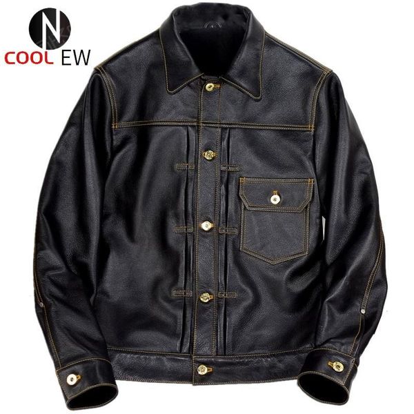 

men's leather & faux winter men retro black genuine jacket gold single breasted warm business casual coat fashion luxury biker oversize