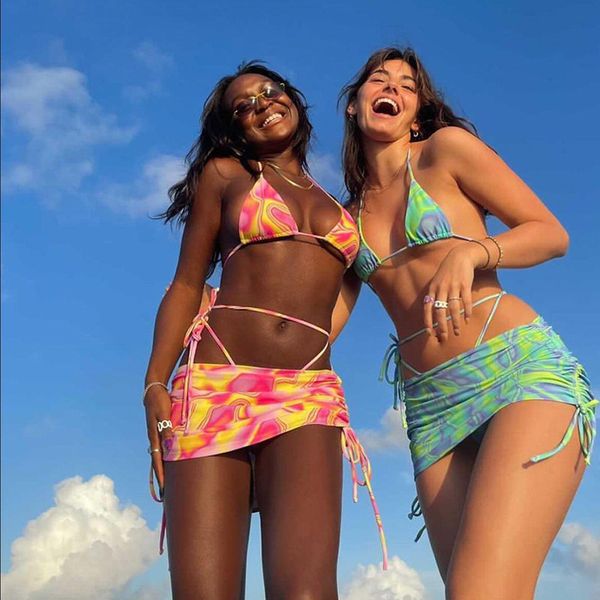 

bandage halter print two piece set women backless +drawstring ruched skirts summer vacation outfit no panties, White