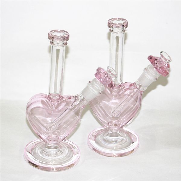 9 Zoll rosa Glasbong mit herzförmiger Glasschale Shisha Shisha Becher Dab Rig Rauchen Wasserpfeife Filter Bubbler W ICE Catcher