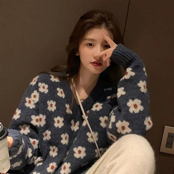 

women's sweaters over size floral sweater pullovers women winter autumn thick v-neck 2021 long sleeve top, White;black