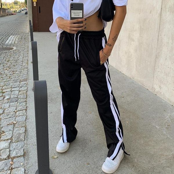 

yyxz spring autumn fashion sml patchwork striped elastic waist drawstring black young woman casual straight pants lady trousers, Black;white