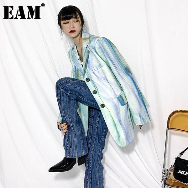 

women's suits & blazers [eam] women green printed big size blazer lapel long sleeve loose fit jacket fashion tide spring autumn 2021 1d, White;black
