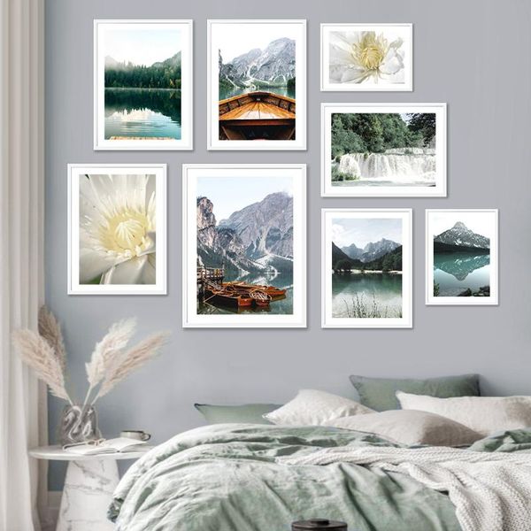 

paintings mountain lake waterfall forest fog flower wall art canvas painting nordic posters and prints pictures for living room decor