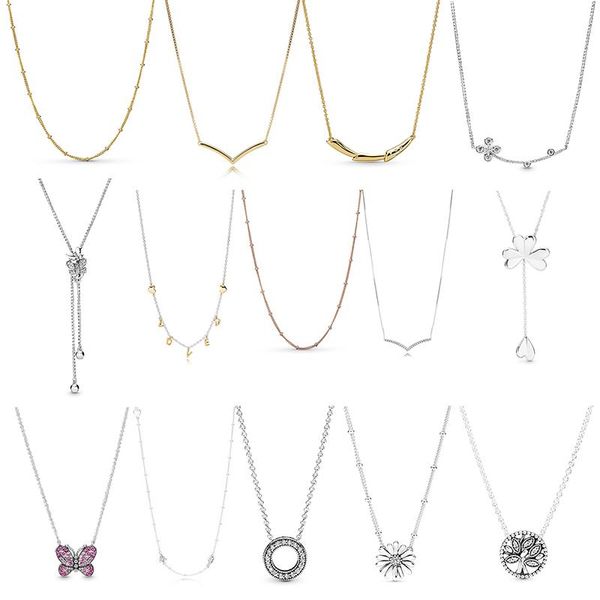 

chains 100% 925 sterling silver pan 1:1 ladies temperament simple v-shaped letter butterfly four-leaf clasp necklace jewelry