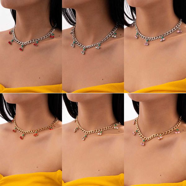 

simple temperament glass diamond fashion jewelry metal chain cold wind cherry necklace girl, Silver