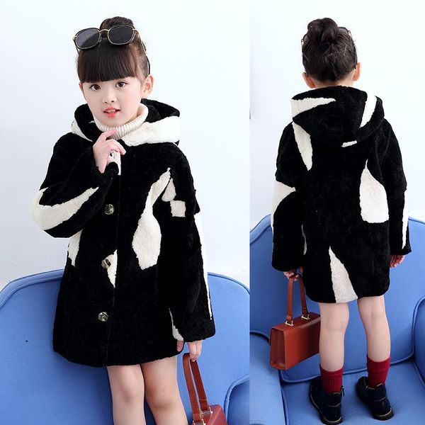 

women's fur & faux 2021 winter girls 100% real coat sweet plus sizes children's baby boy sheep coats kids fed415, Black