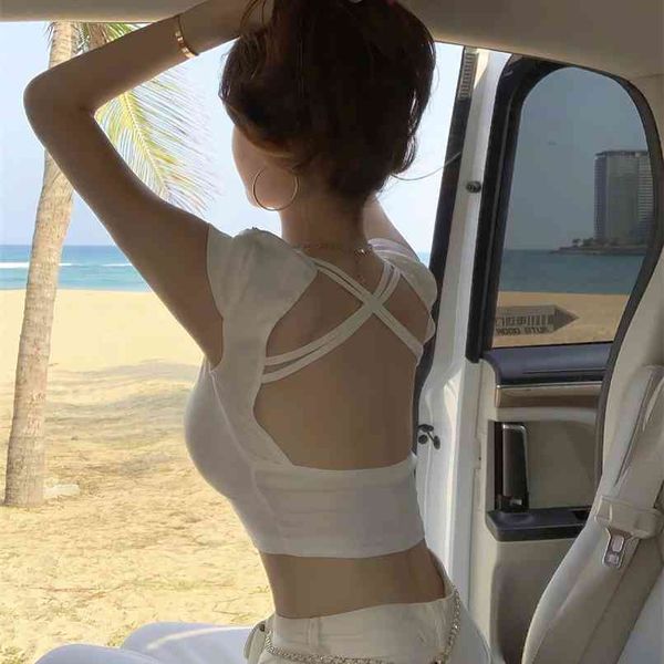Meninas sexy curto t-shirt feminino verão backless apertado-encaixe branco camisa de manga curta ins 210529