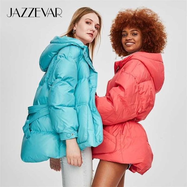 Jazzevar inverno moda rua designer branco womens branco pato para baixo jaqueta bonito meninas meninas casaco de roupa com cinto 211007