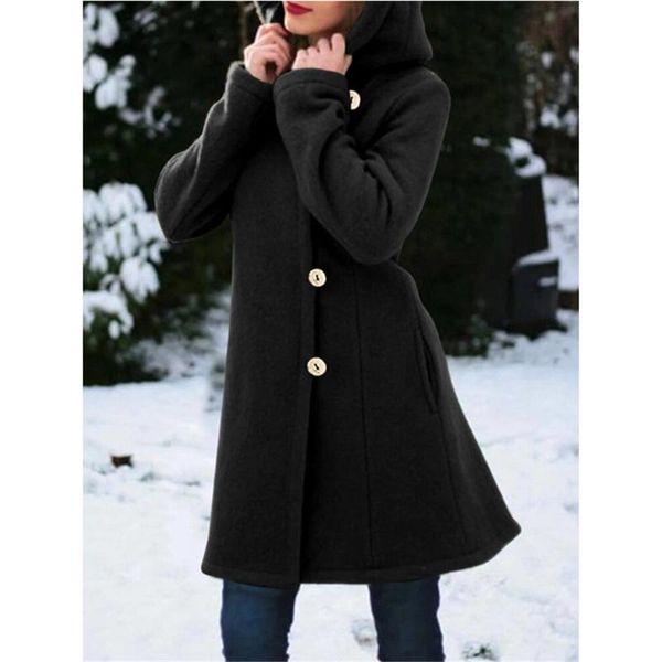 

women's wool & blends women coat solid single breasted hooded slim long outerwear plus size winter jacket cpoat, Black
