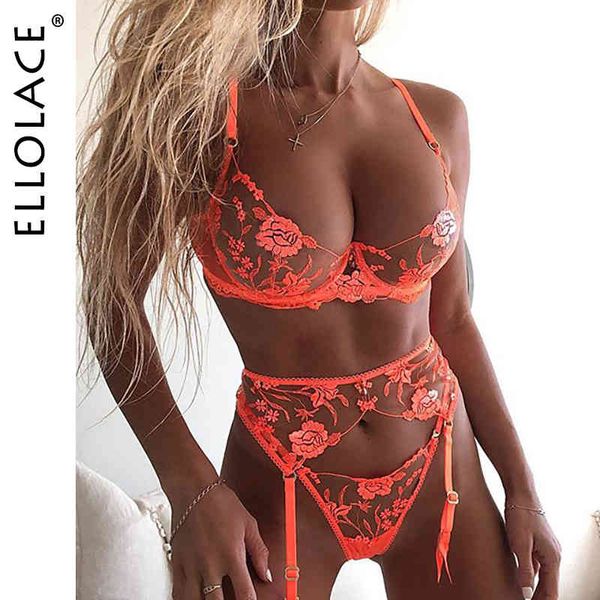 

ellolace neon floral 3 piece transparent underwear women push up bra with bone erotic sensual lingerie set, Red;black