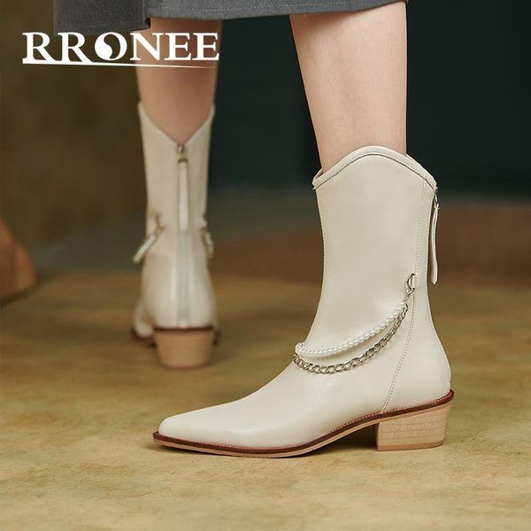 

boots autumn 2021 pearl chain mid boot women's pointed heel back zipper leather half rider's, Black
