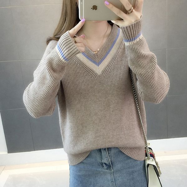 

2021 women v neck pullovers spring autumn long sleeve knitted sweater loose new female jumper knitwear p804, White;black