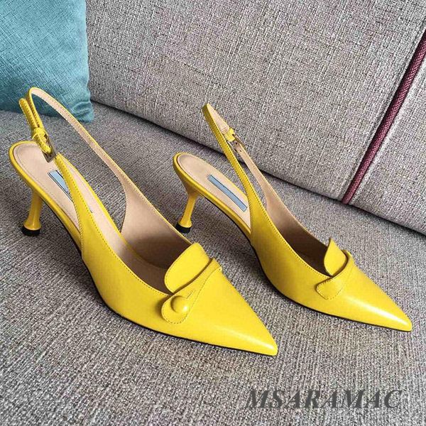 

summer yellow button high heel sandals leather pointed toe dress shoes street ladies party shoes, Black