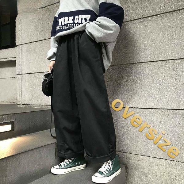 

women's pants & capris women student loose straight wide leg trousers korean style simple retro ulzzang oversize harajuku leisure pant, Black;white