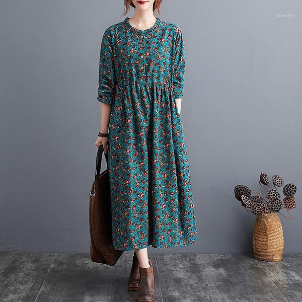 

vintage floral print women dress cotton linen pleated o neck waist drawstring long sleeve side pocket loose casual dresses, Black;gray