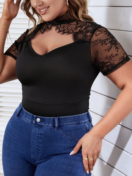 

plus eyelash lace panel cut out bodysuit w3f8#, Black