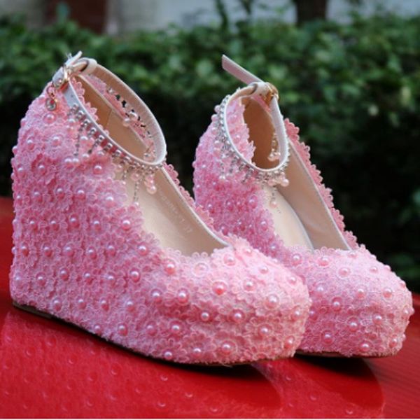 

dress shoes high heeled women's banquet wedding party pearl lace slope, Black