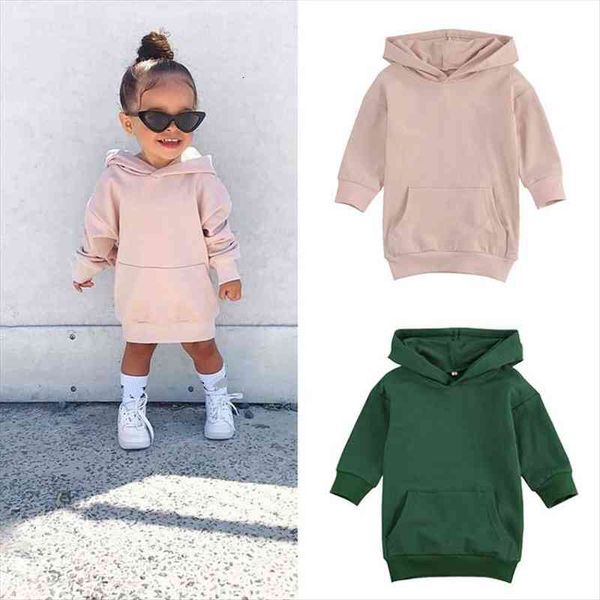 

autumn fashion kids girls hoodies dress outfits 1-5y solid long sleeve pullover pocket long length straight dress, Black