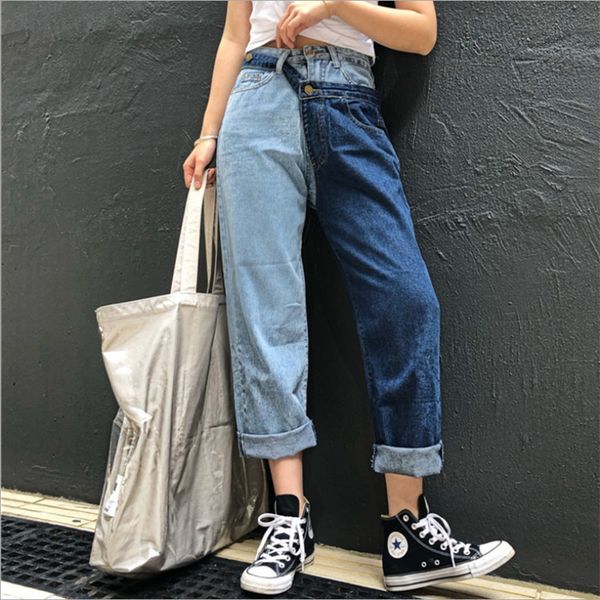 

new spring 2021 patchwork hit color unsettable blue jeans straight women's brim pants c8am