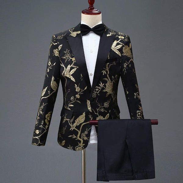 

mens stylish embroidery floral pattern suits stage singer wedding groom suits men costume black, White;black