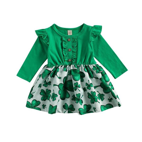 

st. patrick's day girl's clover print patchwork green dress round neck long sleeve ruffles button sundress infant clothing, Red;yellow