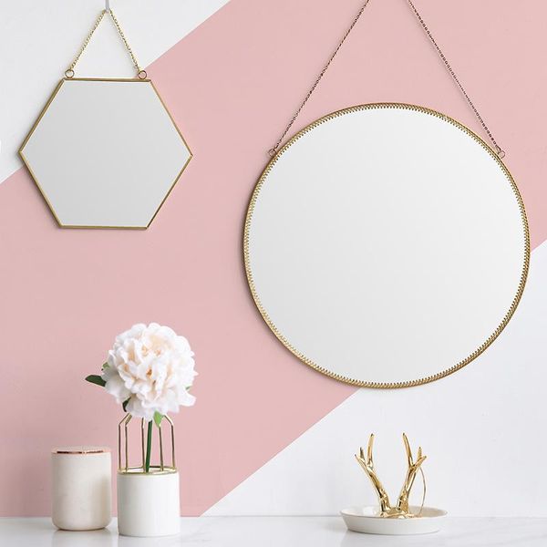 

nordic wall hanging cosmetic mirror bathroom makeup round golden hexagonal mirrors