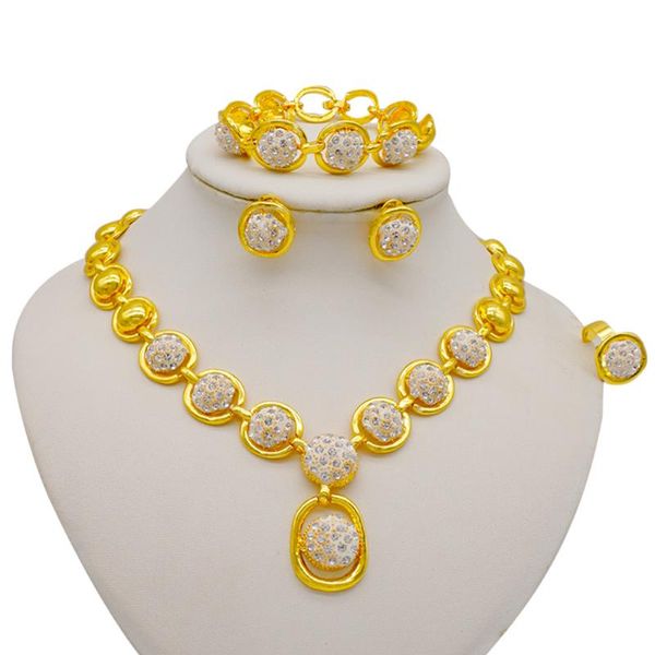 Brincos Colar Dubai Jewelery Conjunto de cor de ouro pulseira anel ornamento de casamento nupcial para mulheres conjuntos de jóias africanas