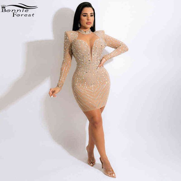 Bonnie Forest Sparkle Cristal Curto Partido Vestido Mulheres Brilhantes Strass Pérola Malha Patchwork Bodycon Mini Vestido Aniversário Outfits Y1212