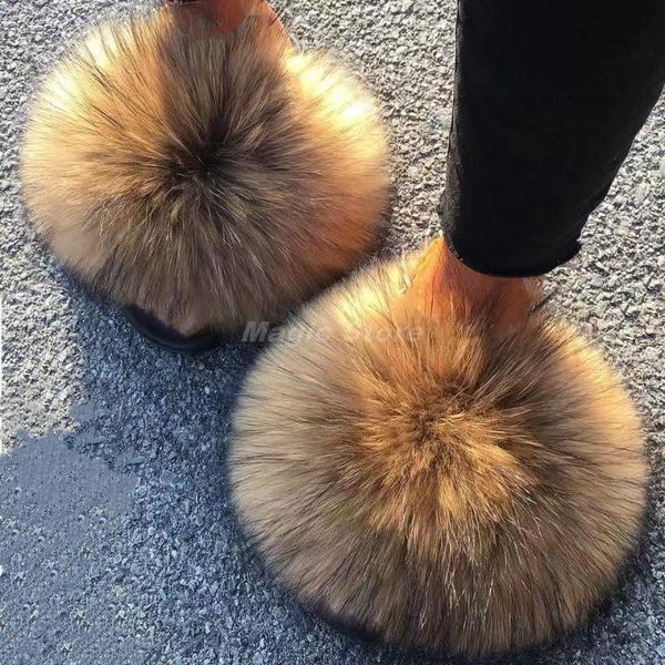 

2021 real slippers fluffy slippers fur slides fuzzy sliders soft plush fur mules summer shoes women, Black