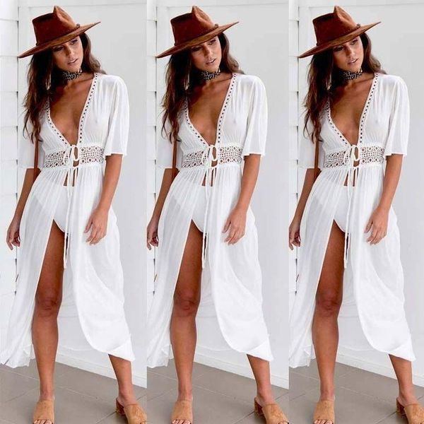 

women's swimwear bikini cover up beach long maxi dress women tunic pareo white v neck robe bathing suit beachwear, White;black