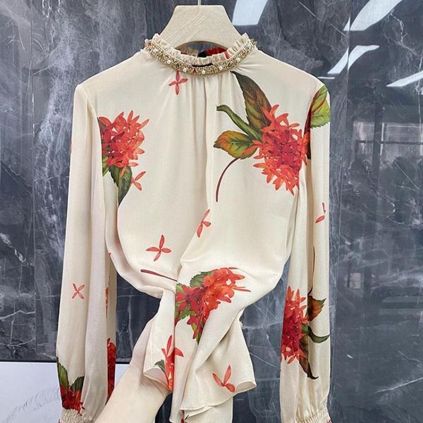 

women's blouses & shirts ladies printed satin shirt beaded lotus leaf collar long sleeve retro stretch straight loose 2021 early autumn, White