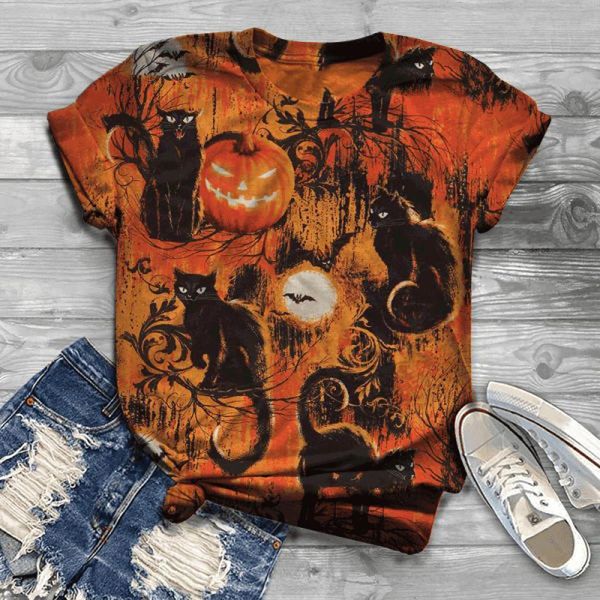 

#h40 halloween t shirt women cat print women's t-shirt polyester o neck short sleeve harajuku tshirts tee camiseta mujer, White