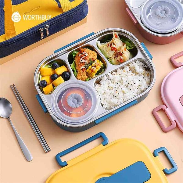 Worthbuy Japonês portátil lancheira 18/8 recipiente de alimentos de aço inoxidável para crianças escola piquenique Bento almoço caixa de armazenamento alimentar 210818