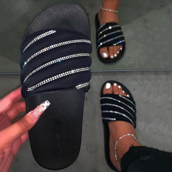 

rhinestone slippers 2021 new comfortable flat female slippers fashion wild handmade outdoor size plus size trendy, Black