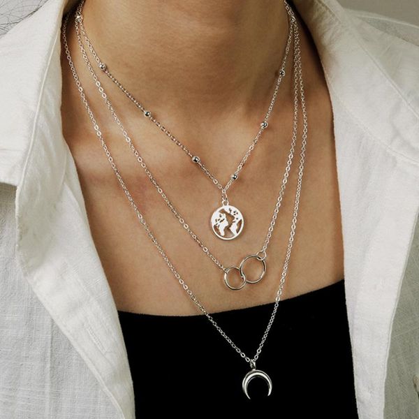 

chokers vintage silver color moon map pendant necklace 2021 bohemian circle geometry layered collar fashion women jewelry, Golden;silver