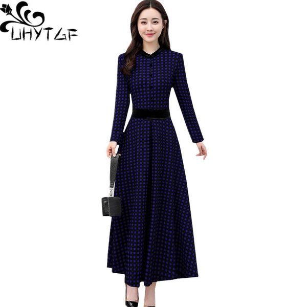 

uhytgf fashion plaid long dresses elegant womens spring autumn dress long sleeve female party dresses casual plus size dress 330, Black;gray