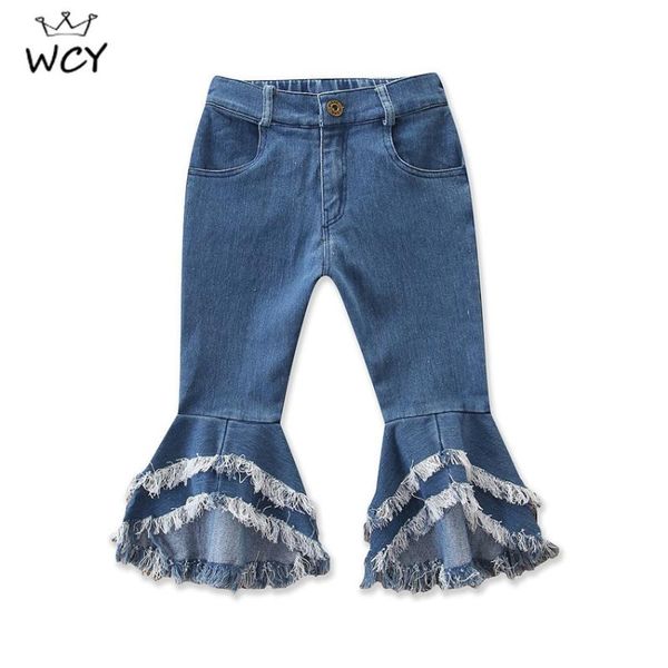 

fashion korean streetwear kids flare jeans elasitc waist bell bottom denim blue pants girls clothes 3 4 5 year 24m