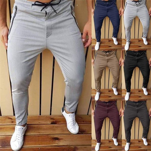 

casual pants spring autumn fall zipper drawstring pencil pants for men man trousers solid color mens, Black