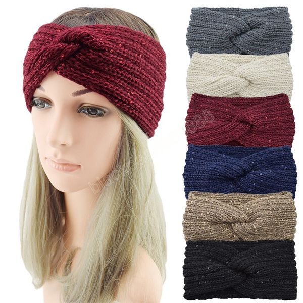 

sequin knitted cross knotted headband for women winter ear warm turban head wrap warm hairbands stretchy girls hair accessories, Silver